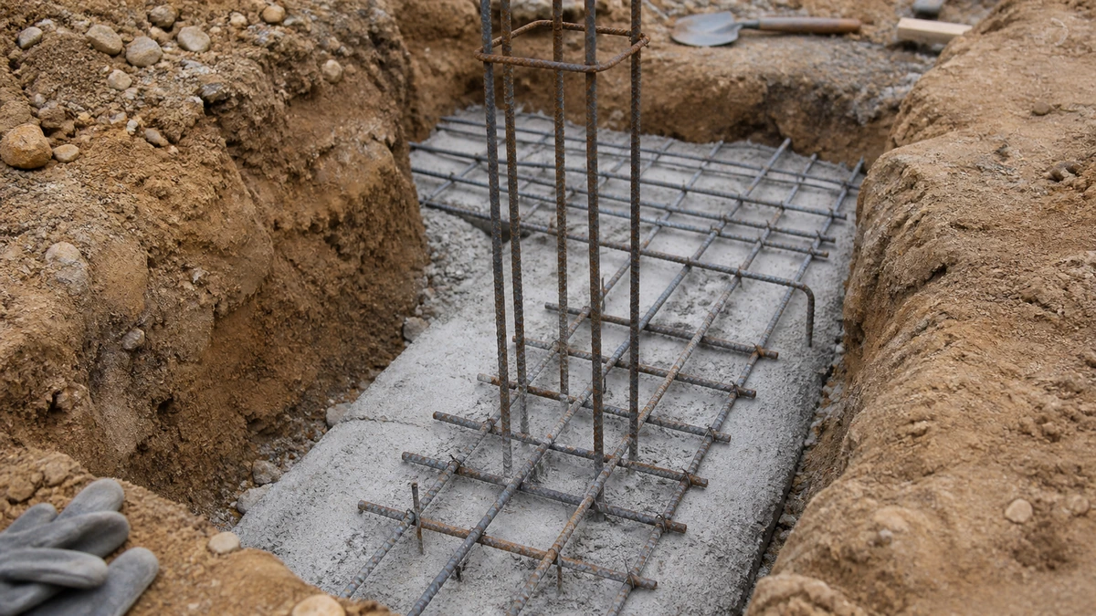 Vue rapprochée d'une semelle de fondation en béton visible en fond de fouille avant remblaiement, ferraillage apparent, sur un chantier de maison individuelle