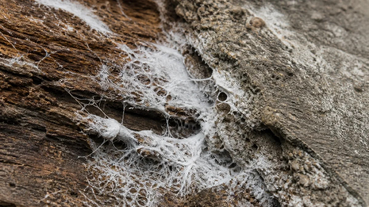 Photographie macro de mycélium de mérule, filaments blanchâtres se développant sur une poutre en bois humide