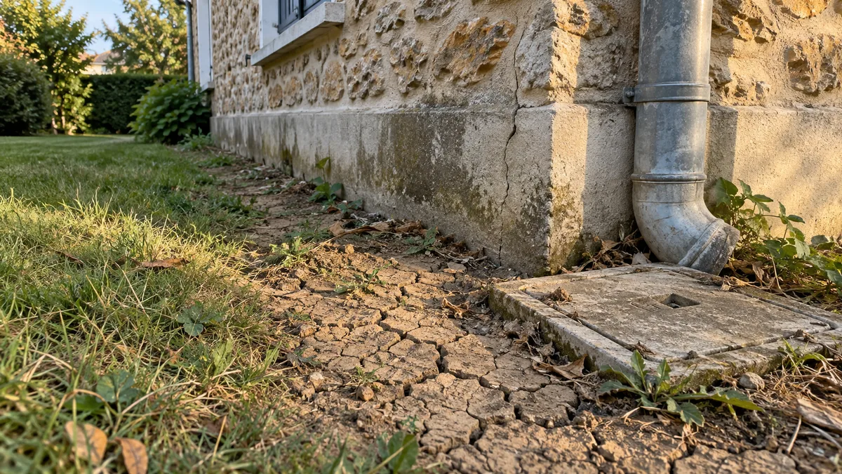 Pied de façade de pavillon francilien en meulière, descente d’eaux pluviales en zinc raccordée à un regard béton, terre argileuse craquelée par la sécheresse le long du soubassement, aucune personne dans le cadre