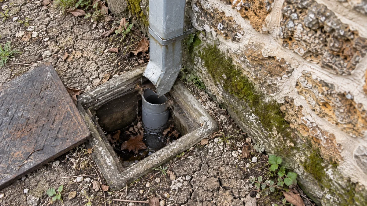 Pied de descente d'eaux pluviales en zinc débouchant dans un regard béton au ras d'un mur de soubassement en meulière, terre argileuse craquelée autour du regard, aucune personne dans le cadre