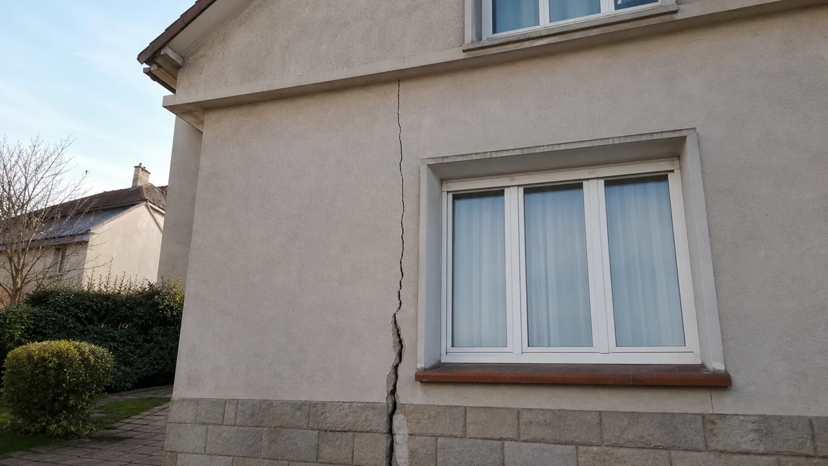Fissure verticale sur la façade enduite d'un pavillon des années 1970, plus large au rez-de-chaussée qu'à l'étage