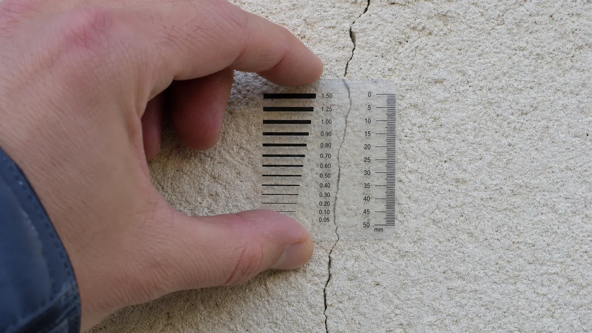 Expert mesurant l'ouverture d'une fissure de façade à l'aide d'une jauge fissurométrique