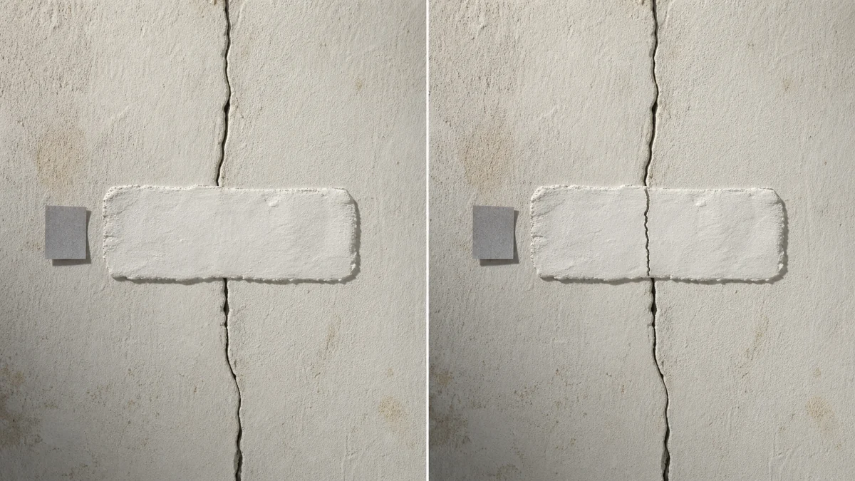 Comparaison d'un témoin en plâtre intact puis fissuré après plusieurs semaines, confirmant l'évolutivité d'une fissure
