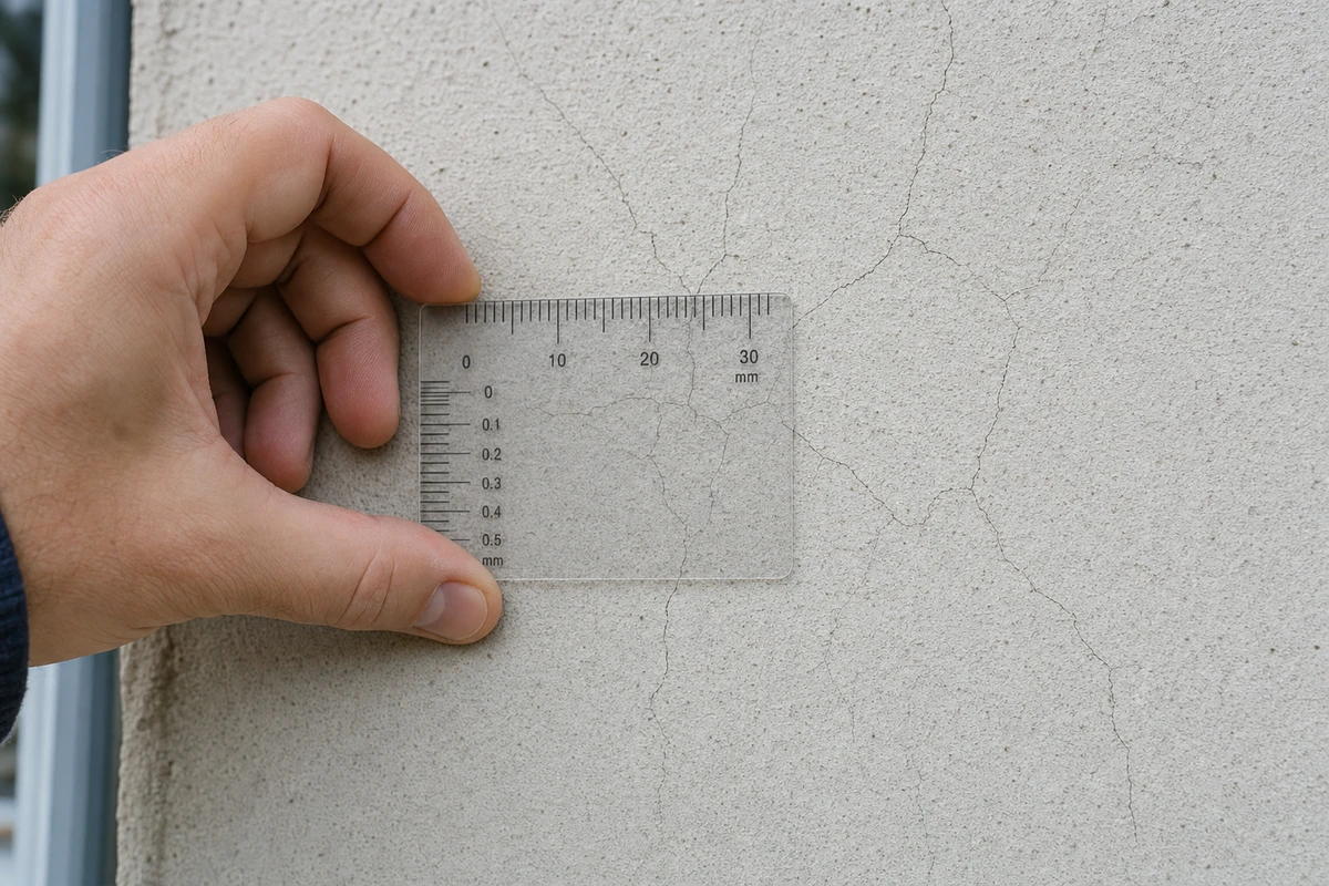 Gros plan sur un réseau de micro-fissures fines sur un enduit de façade, avec une jauge de mesure posée à côté