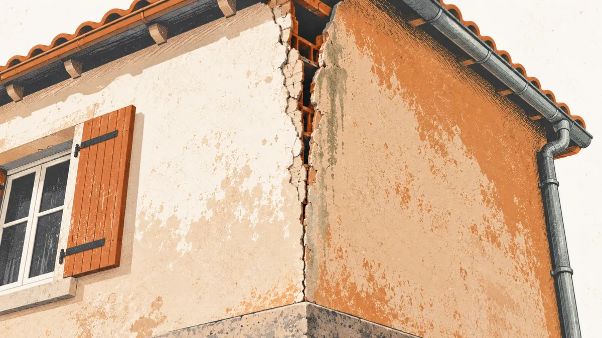 Illustration en aplats d'un angle de maison enduit, vu de près : une fente verticale sépare le pignon de la façade, plus large sous la toiture qu'au pied du mur, avec une coulure d'humidité qui descend le long de la fente