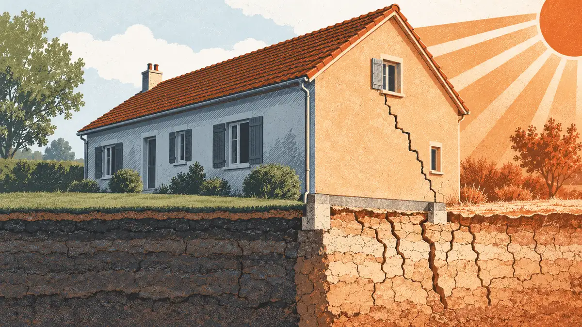 Illustration en aplats d'une maison francilienne vue de trois quarts, pignon en plein soleil de fin d'après-midi, sol craquelé au pied du pignon, fissure en escalier partant de l'angle bas et remontant vers la fenêtre de l'étage, façade nord à l'ombre intacte