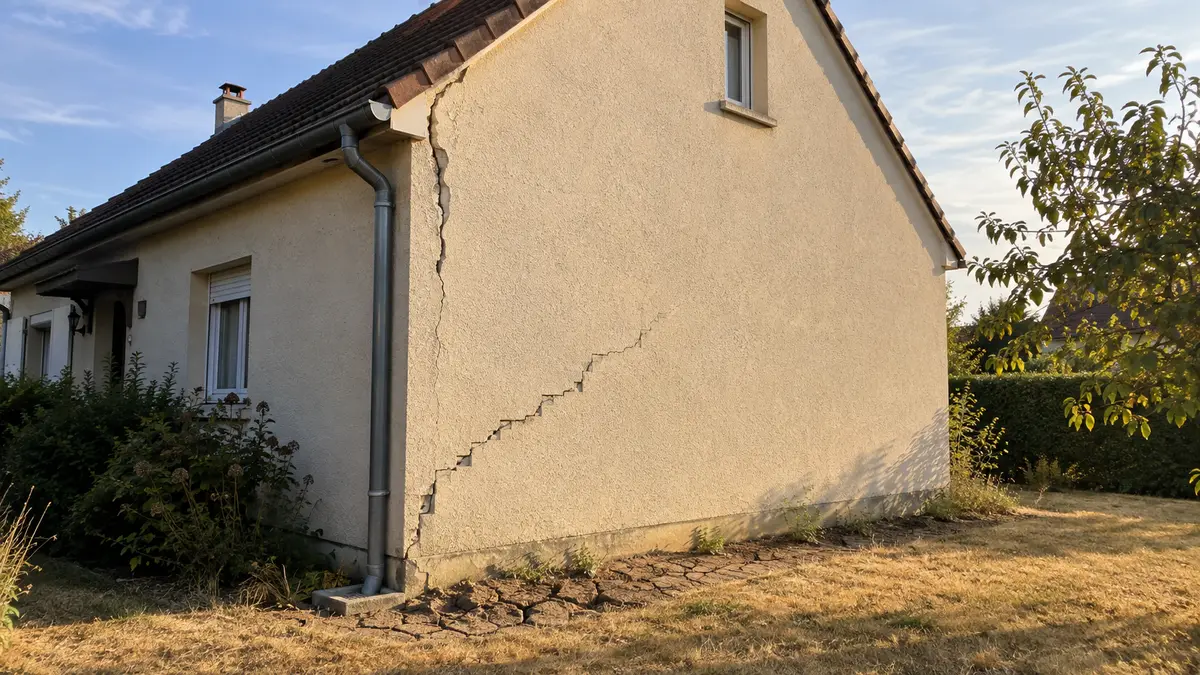 Pignon enduit d'une maison francilienne en fin d'été, en plein soleil, avec une fissure en escalier qui part de l'angle bas et un jour vertical qui s'ouvre à la jonction avec la façade