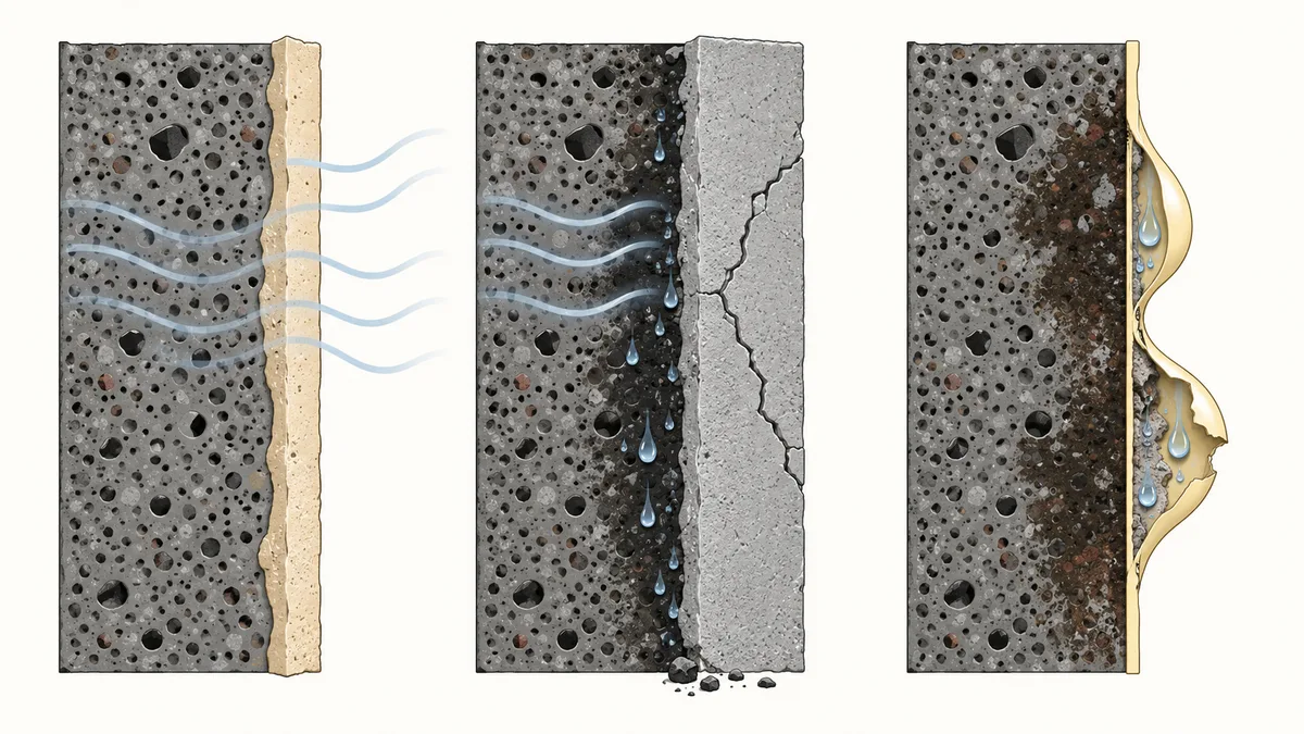 Illustration technique en coupe d'un mur en mâchefer recouvert de trois revêtements côte à côte : un enduit à la chaux sain, un enduit ciment fissuré avec de l'humidité piégée derrière, une peinture plastique soulevée en cloques.