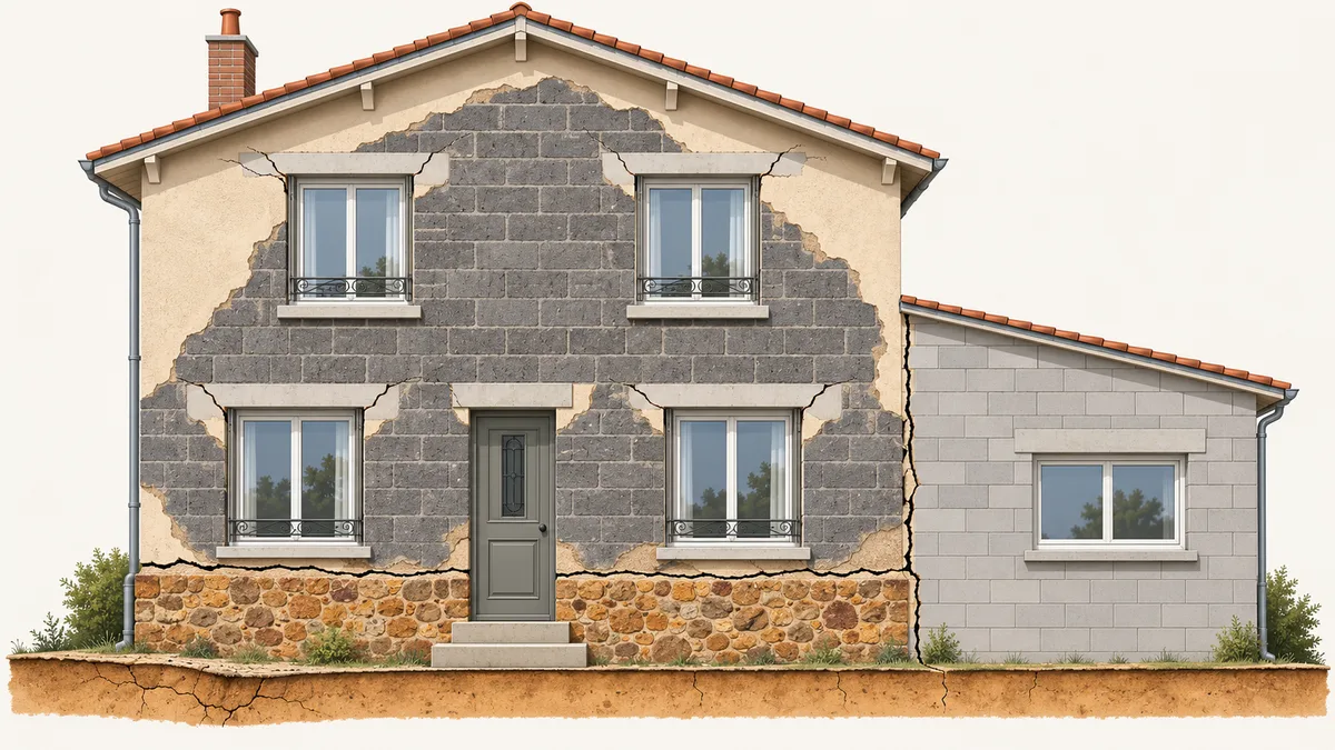 Illustration technique de la façade d'un pavillon de l'entre-deux-guerres : soubassement en meulière, murs en blocs de mâchefer, linteaux en béton et extension latérale en parpaing. Des fissures partent des angles des fenêtres, longent le haut du soubassement et séparent l'extension de la maison.