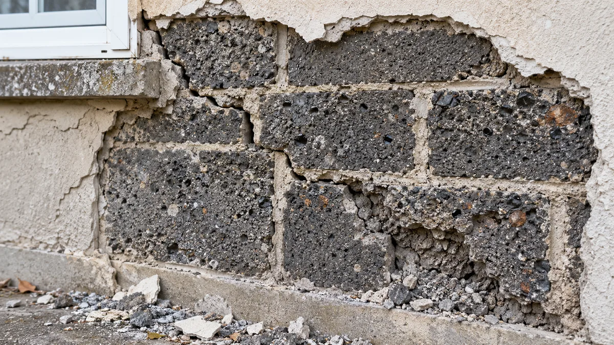 Photographie d'un mur de pavillon dont l'enduit est tombé par plaques, laissant voir des blocs de mâchefer gris sombre et granuleux, traversés par une fissure qui part de l'angle d'une fenêtre.