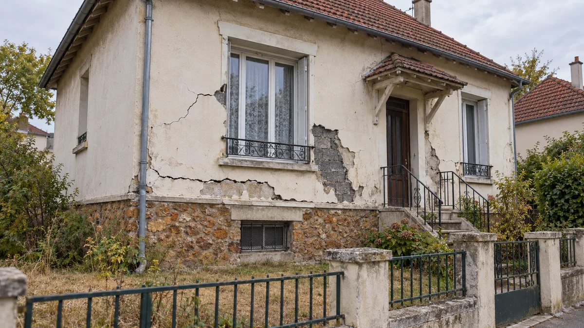 Pavillon de banlieue des années 1930 au soubassement en meulière, dont l'enduit fissuré et écaillé laisse voir par endroits des blocs de mâchefer gris