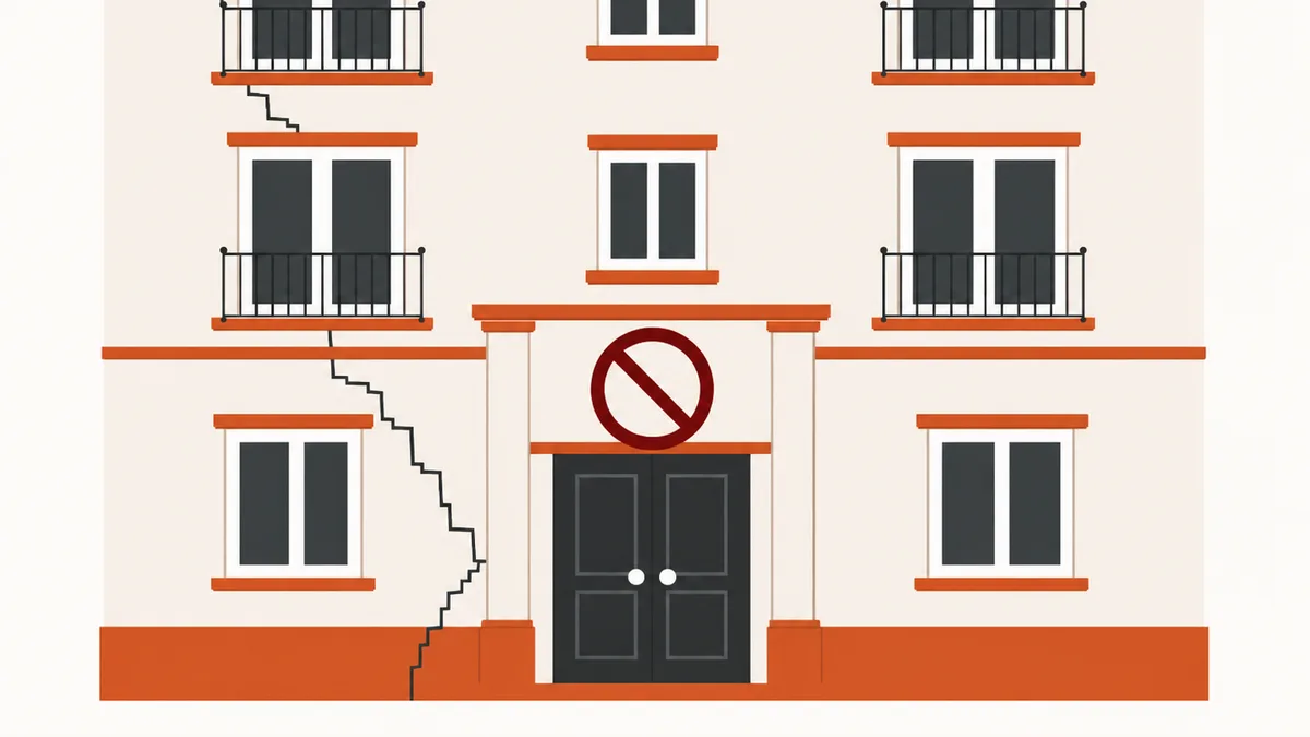 Illustration graphique en aplats de couleur d'une façade d'immeuble avec une porte d'entrée barrée d'un symbole d'interdiction, symbolisant un logement bloqué par un refus de permis de louer
