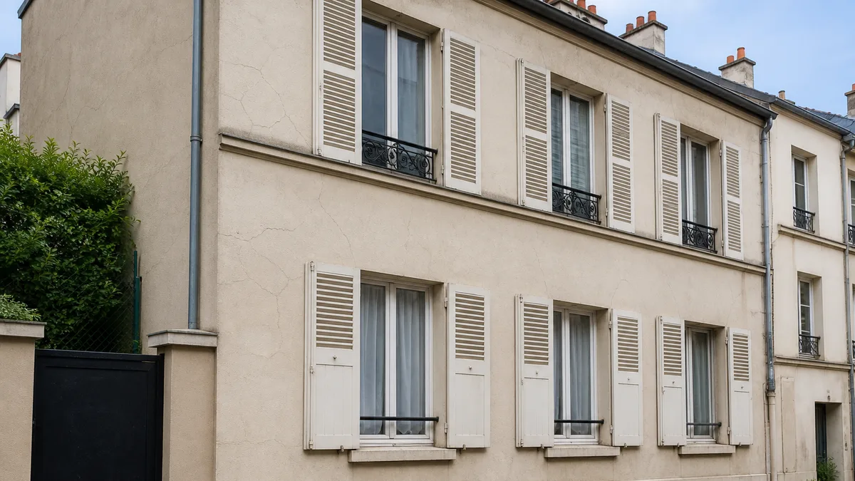 Façade d'immeuble ancien en Île-de-France avec fissures visibles sur l'enduit, aucune personne dans le cadre
