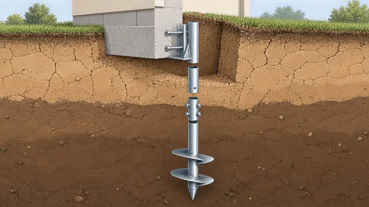 Illustration technique éclatée d'un pieu vissé : en haut, l'équerre de reprise fixée sous la semelle d'un mur ; au centre, le tube d'acier galvanisé ; en bas, deux hélices d'appui soudées et la pointe biseautée, le tout dessiné en coupe dans une argile beige