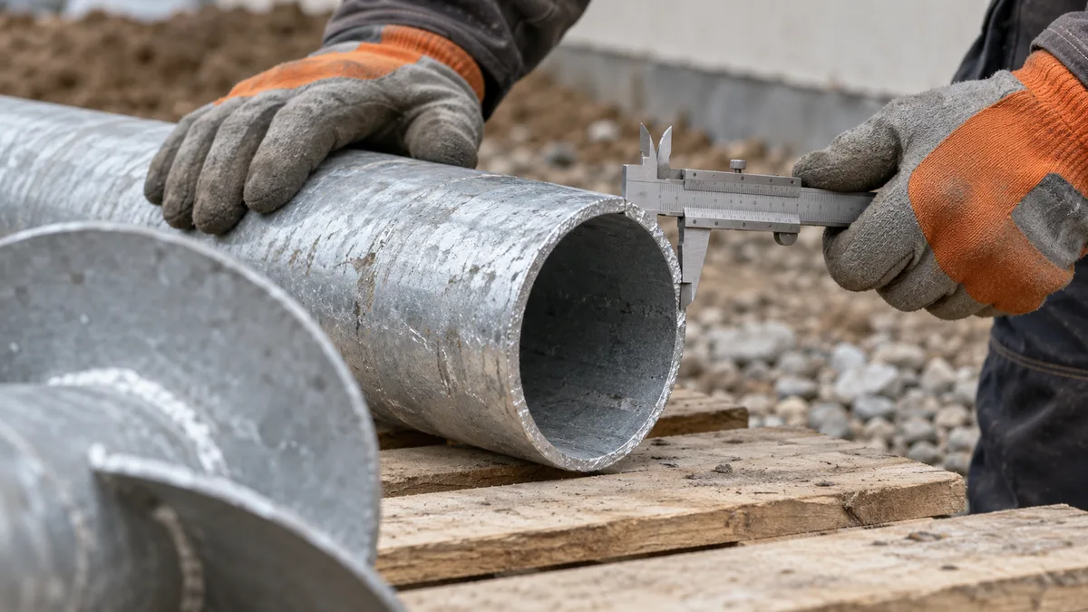 Sur un chantier de pavillon, une main gantée serre un pied à coulisse sur l'extrémité d'un tube d'acier galvanisé de pieu vissé posé sur une palette, l'autre main maintient le tube ; la première hélice soudée apparaît au premier plan