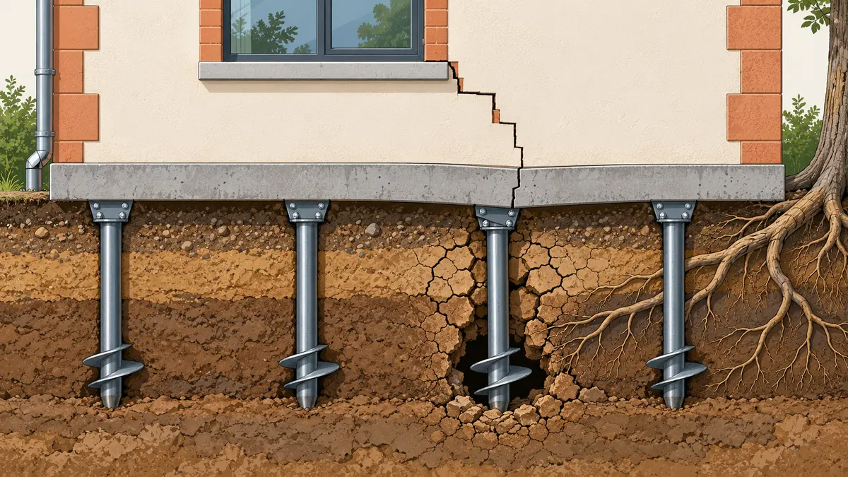 Illustration technique en coupe d'un mur de pavillon posé sur une ancienne semelle reprise par quatre pieux vissés : sous l'un d'eux, l'argile desséchée s'est rétractée en laissant un vide, le pieu s'est enfoncé et une fissure en escalier s'ouvre dans la maçonnerie juste au-dessus