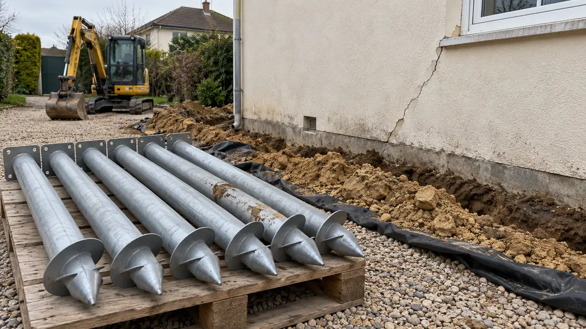 Pieux vissés en acier galvanisé empilés sur une palette, sur le chantier d'un pavillon dont la façade porte une fissure, sous un ciel couvert