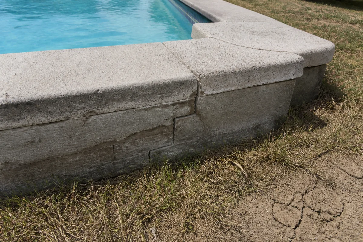 Fissure en escalier sur la margelle béton d'une piscine en été, sol argileux craquelé visible en bordure, aucune personne dans le cadre