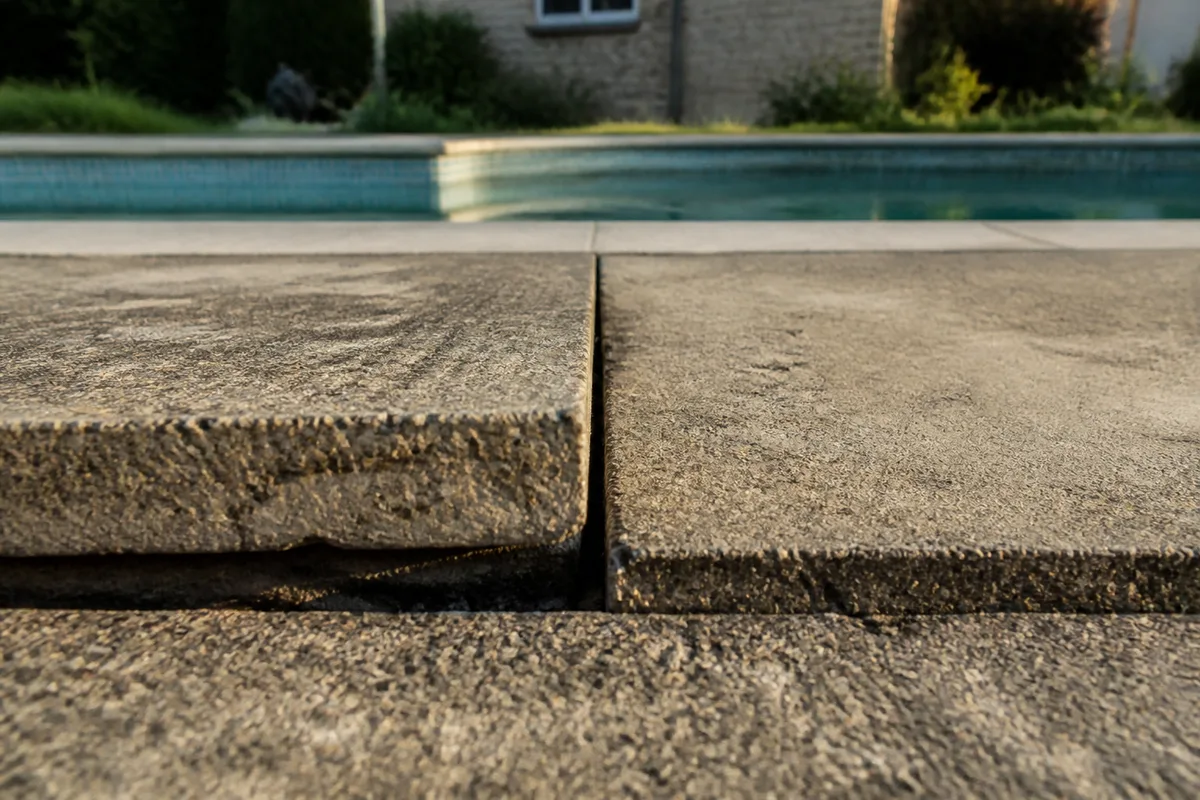 Fente traversante sur une plage de piscine en béton avec un net décalage de niveau entre deux dalles, aucune personne dans le cadre