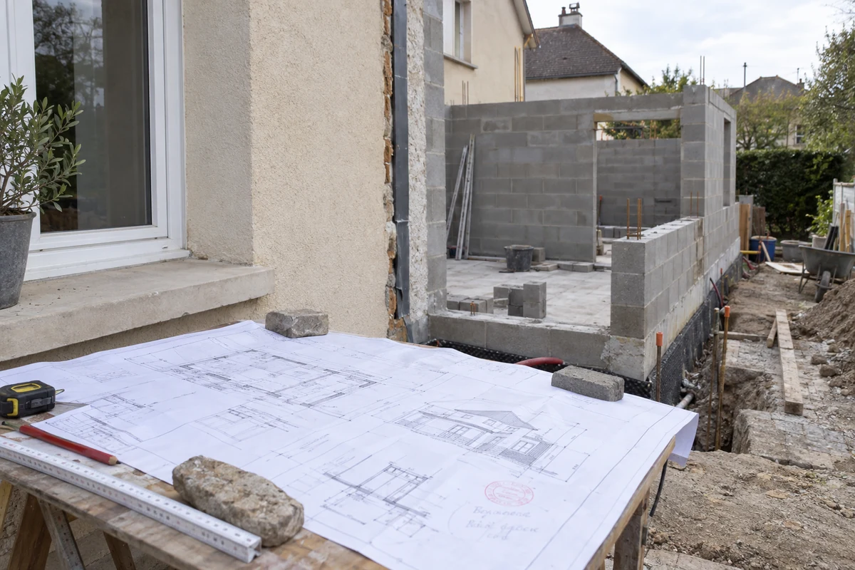 Des plans d'extension sont consultés devant le raccord et le joint de rupture entre un pavillon existant et une nouvelle aile en parpaings.