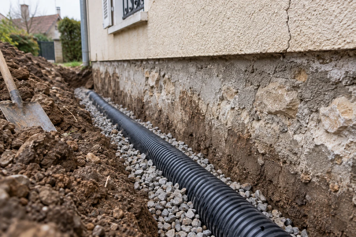 Un drain annelé est posé sur un lit de gravier dans une tranchée périphérique longeant les fondations d'un pavillon existant.
