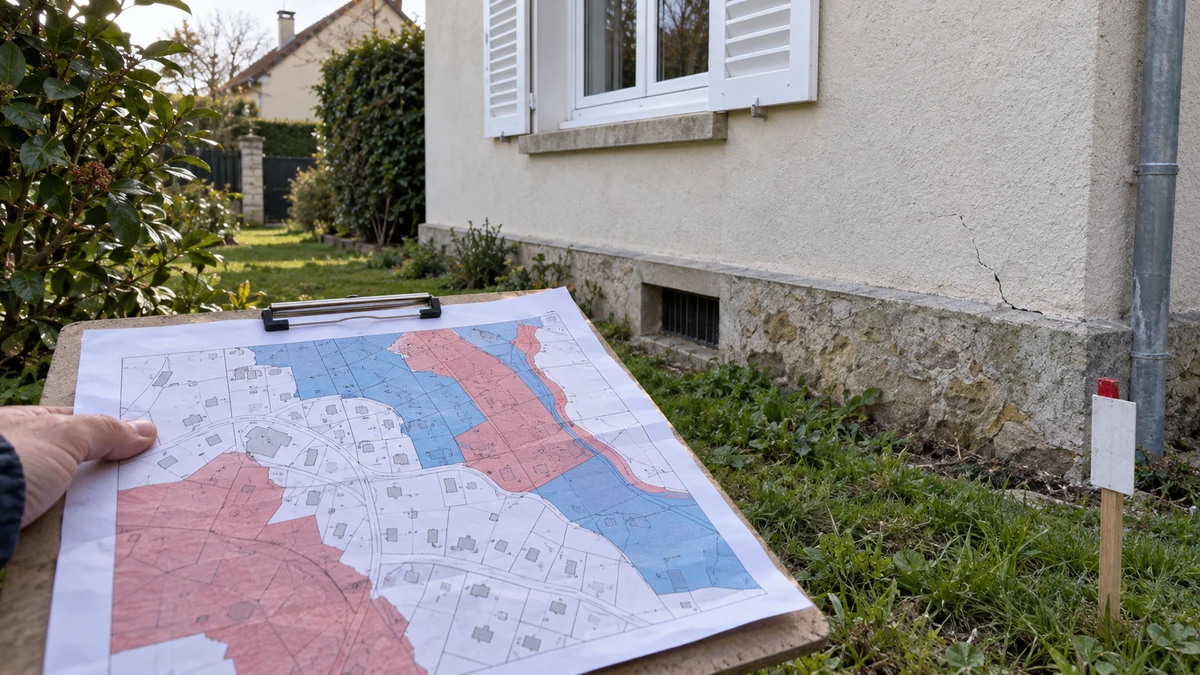 Carte de zonage réglementaire tenue devant la façade d'un pavillon francilien existant avec une fissure fine visible près des fondations