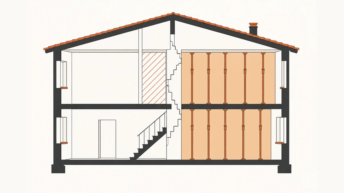 Illustration graphique éditoriale d'un intérieur de pavillon étayé, pièces neutralisées et circulation condamnée pendant des travaux de reprise