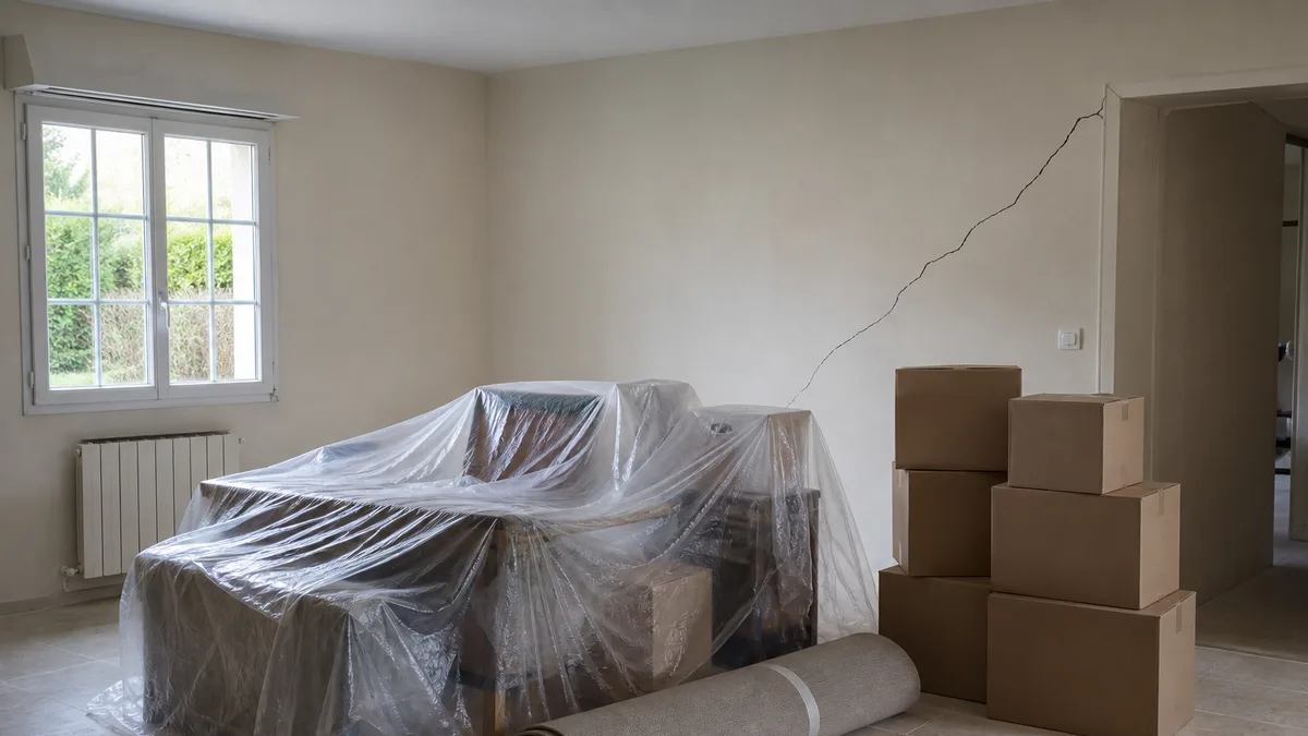 Séjour d'habitation vidé, meubles bâchés et cartons empilés près d'un mur fissuré, sans personne dans le cadre