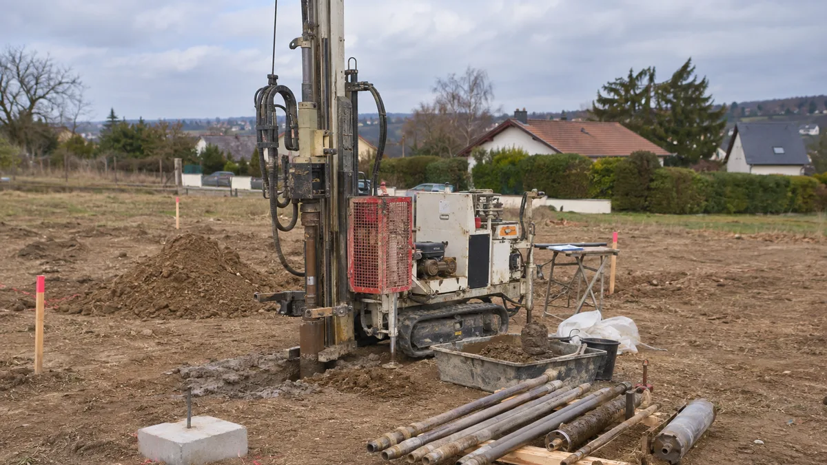 Sondage géotechnique réalisé sur un terrain avant construction pour adapter le type de fondation