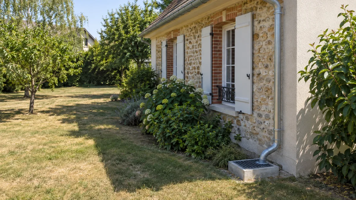 Gouttière et descente d'eaux pluviales en zinc entretenues sur la façade d'un pavillon francilien, jardin arboré à distance raisonnable, aucune personne dans le cadre
