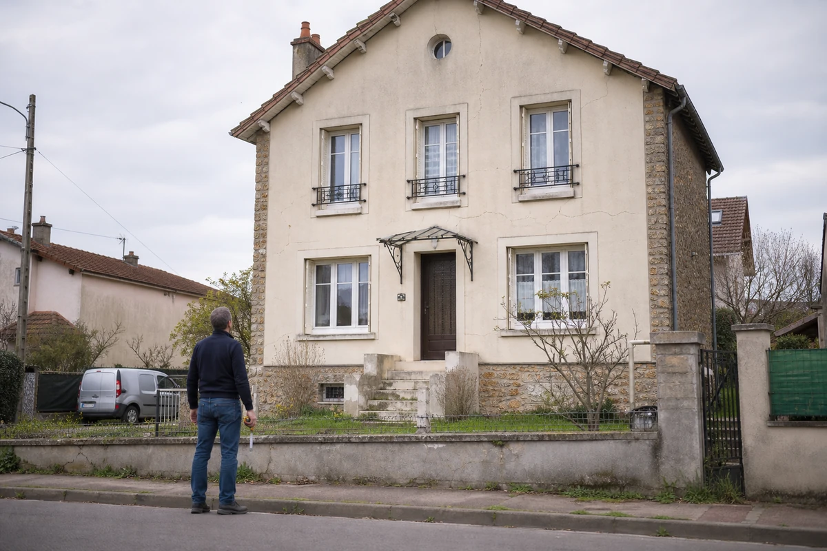 Expert en bâtiment mesurant la largeur d'une fissure de façade au mètre ruban lors d'une visite d'expertise