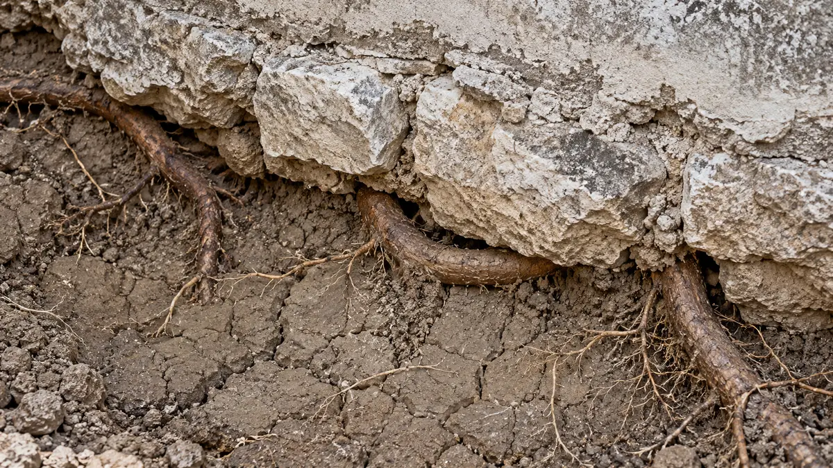 Photographie du fond d'une fouille au pied d'un mur de pavillon : une semelle ancienne en moellons maçonnés repose sur une argile brun-gris fendillée en polygones, des racines d'arbre brunes de la taille d'un doigt longent la semelle et passent dessous