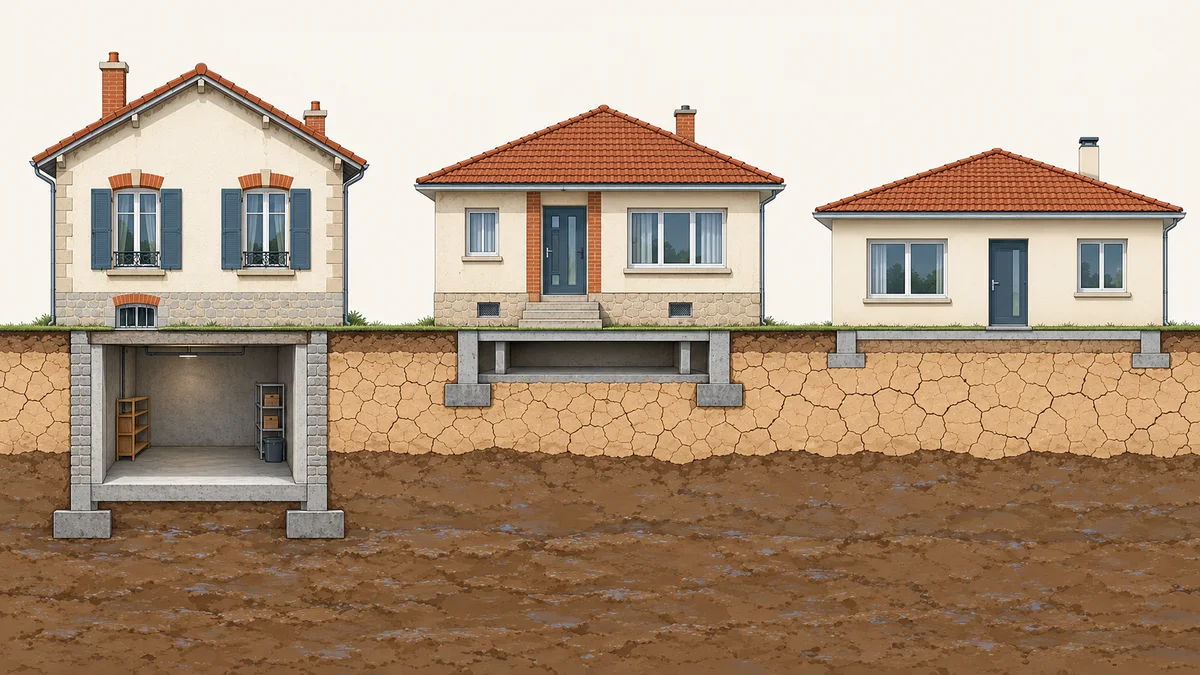 Illustration technique de trois pavillons vus en façade, dont la base est coupée pour montrer le sous-sol : à gauche une maison sur cave dont les murs descendent profondément, au centre une maison sur vide sanitaire avec grilles d'aération et quelques marches, à droite une maison de plain-pied sur dallage avec une semelle peu profonde, la même couche d'argile desséchée traversant les trois coupes