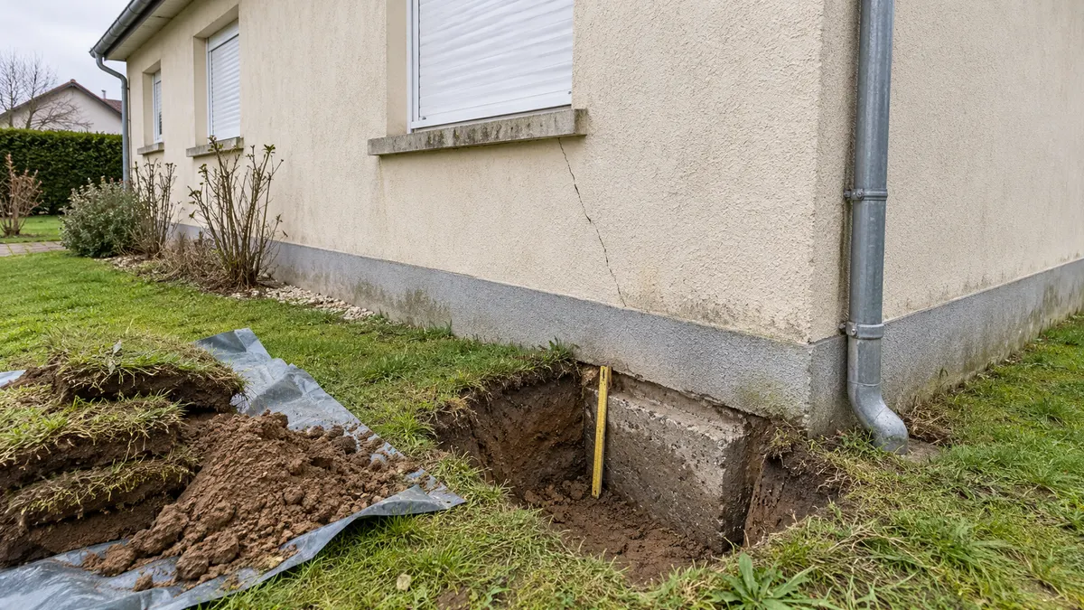 Angle d'un pavillon enduit des années 1970 : au pied du mur, une petite fouille creusée à la main dégage le flanc d'une semelle en béton, un mètre pliant jaune posé debout contre elle, les mottes de gazon empilées sur une bâche et une fissure qui descend sous la fenêtre