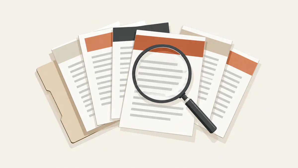 Illustration graphique de plusieurs contrats d'assurance disposés en éventail sur un bureau avec une loupe posée dessus, sans personne dans le cadre