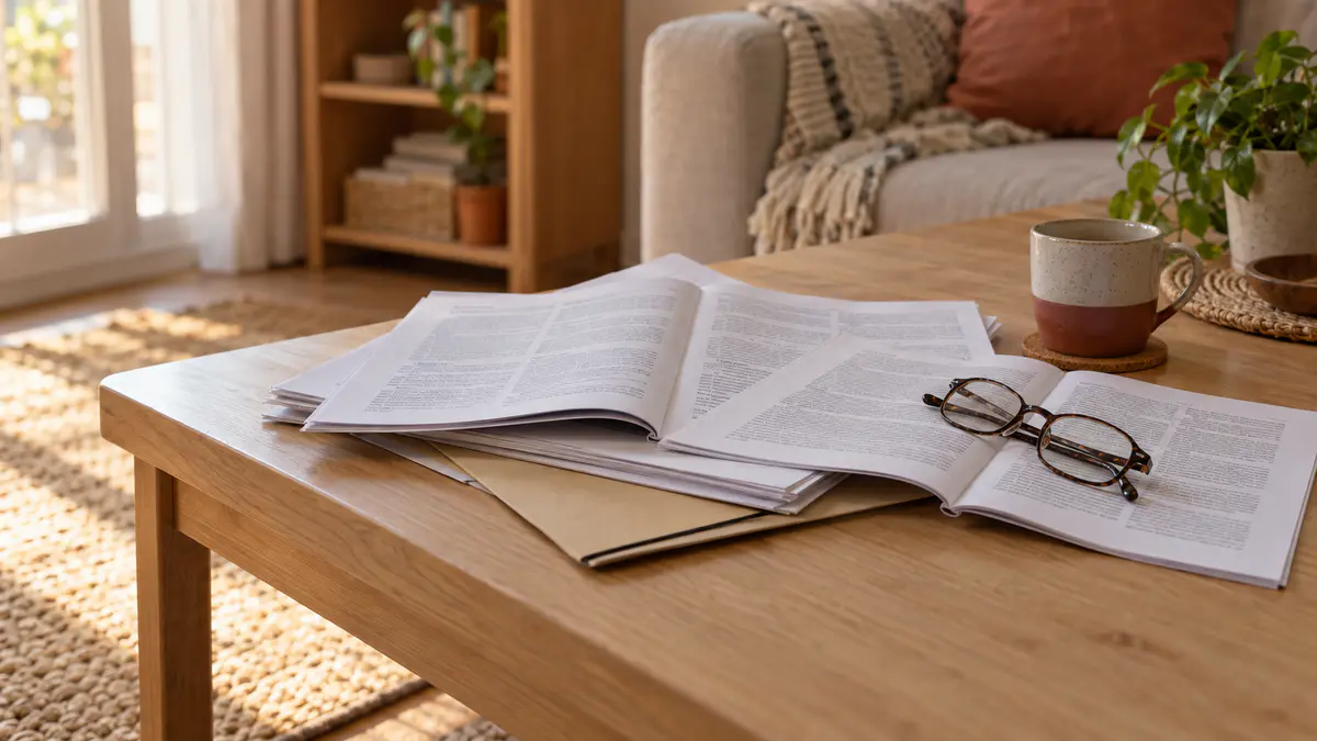Pile de contrats d'assurance et de conditions générales ouverts sur une table, à côté d'une chemise cartonnée et d'une paire de lunettes, aucune personne dans le cadre