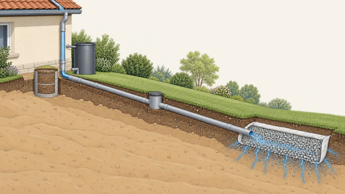 Illustration technique en écorché d'un jardin de pavillon : la descente de gouttière est raccordée à une canalisation enterrée étanche qui conduit l'eau vers une tranchée d'infiltration remplie de graviers en contrebas du terrain, loin des fondations, tandis que l'ancien puisard proche de la façade est comblé