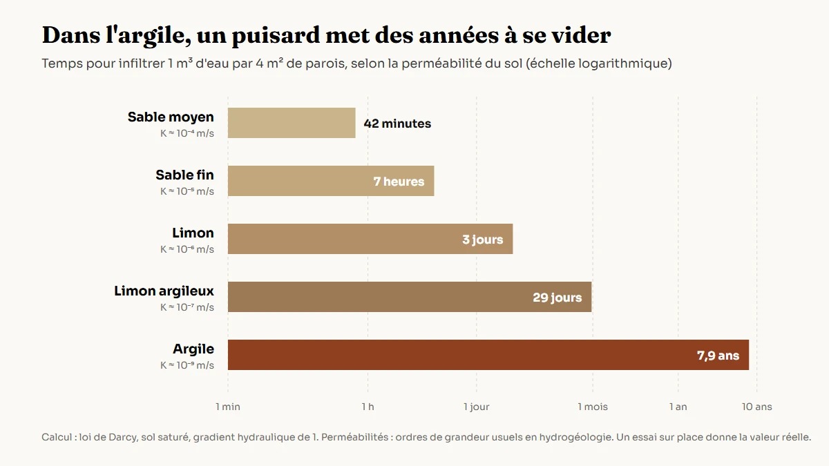 Graphique en barres horizontales sur échelle logarithmique du temps de vidange d'un puisard d'un mètre cube selon la nature du sol : environ 42 minutes dans un sable moyen, 7 heures dans un sable fin, 3 jours dans un limon, 29 jours dans un limon argileux et près de 8 ans dans une argile