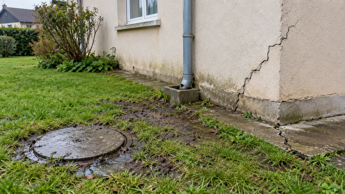 Jardin d'un pavillon après la pluie : le tampon d'un puisard entouré de boue à deux mètres du mur, la descente de gouttière au pied de la façade et une fissure en escalier sur l'angle de la maison