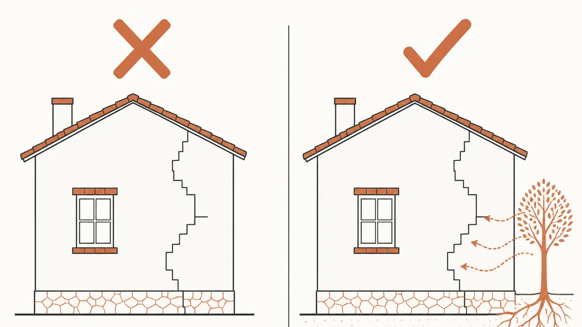 Illustration graphique en aplats de couleur comparant deux lectures d'une même fissure en escalier : conclusion erronée qui écarte la sécheresse contre conclusion correcte qui l'identifie