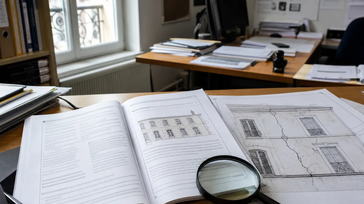 Bureau d'expert avec un rapport d'expertise sécheresse ouvert, dossier de sinistre et loupe posée sur un plan de façade fissurée, aucune personne dans le cadre