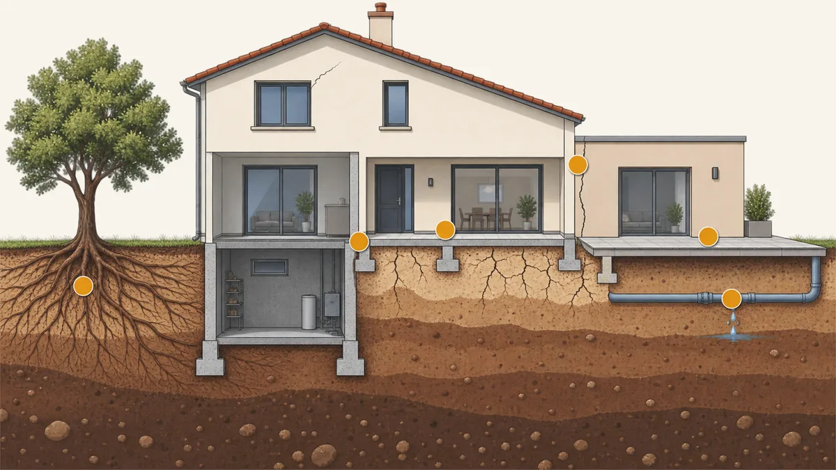 Illustration technique en coupe d'un pavillon sur sol argileux avec un sous-sol partiel, une extension accolée plus récente, un dallage, une terrasse, un arbre à quelques mètres et une canalisation enterrée. Des pastilles ocre marquent chaque point qu'interrogent les questions.