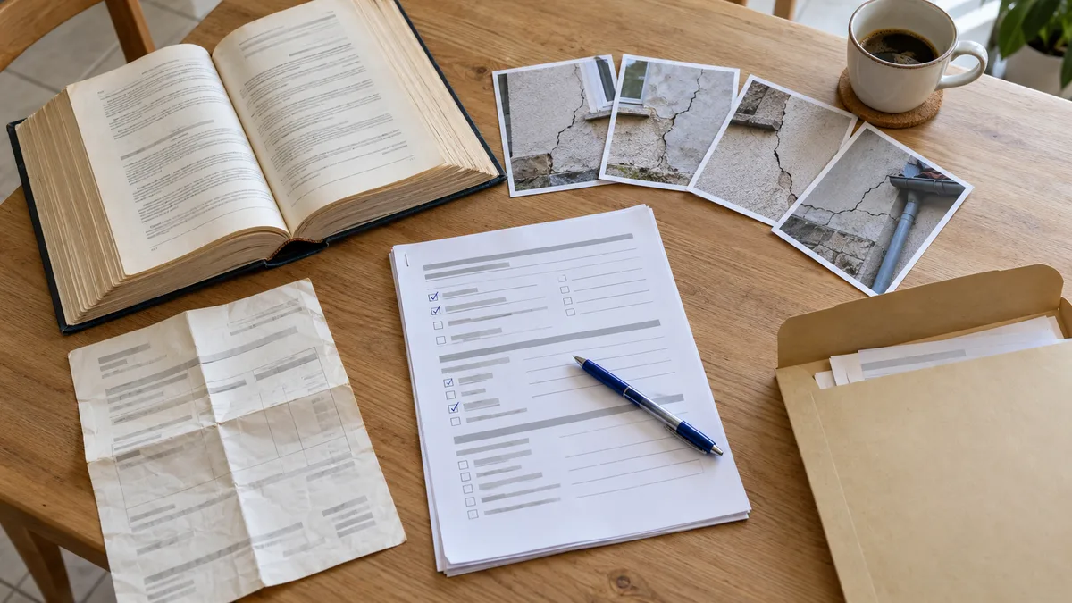 Photographie d'un questionnaire d'assurance imprimé posé sur une table de cuisine, à côté de photos tirées de fissures sur une façade, d'un épais registre relié ouvert, d'une facture ancienne pliée et d'une enveloppe kraft remplie de papiers.