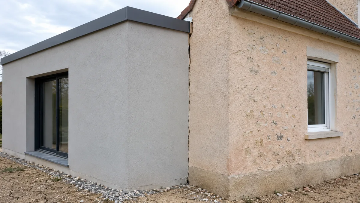 Photographie de la jonction entre un pavillon en meulière enduite et une extension plus récente en parpaing enduit : une fissure verticale suit exactement la ligne de raccord, du sol jusqu'à la toiture.