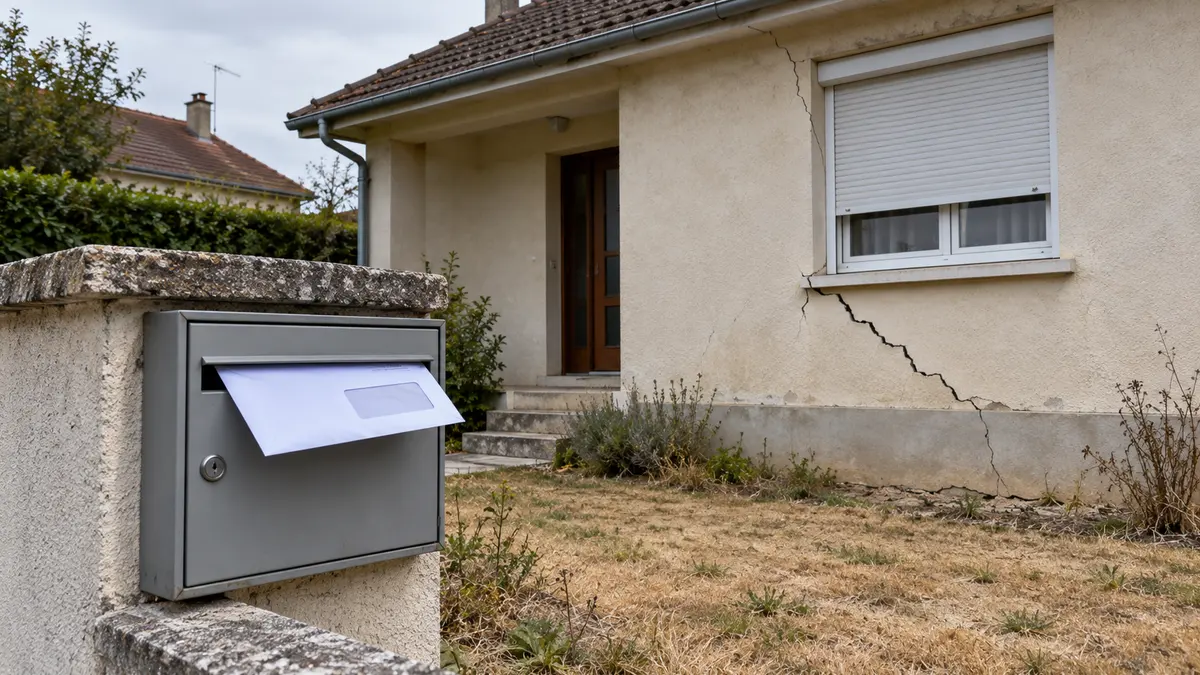 Boîte aux lettres d'un pavillon d'où dépasse une grande enveloppe, devant une façade enduite fissurée en biais depuis l'angle d'une fenêtre jusqu'au sol, et une pelouse jaunie par la sécheresse