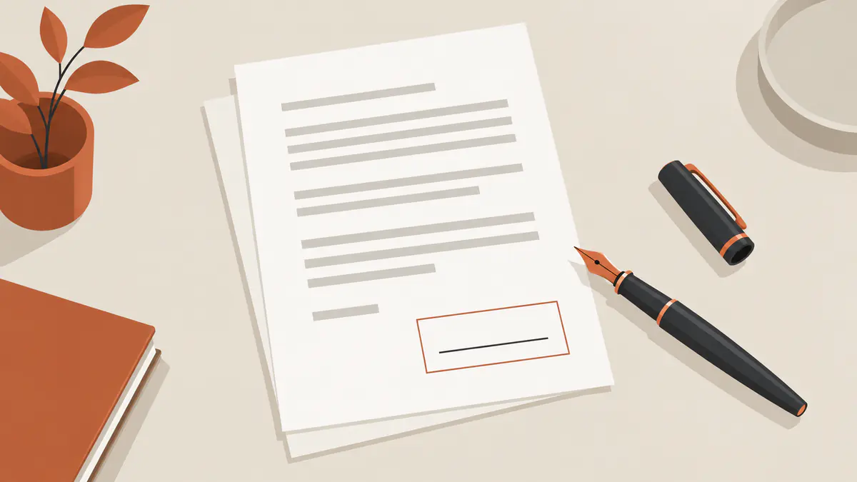 Illustration graphique d'un formulaire de quittance d'indemnité d'assurance posé sur une table avec un stylo, sans aucune personne dans le cadre