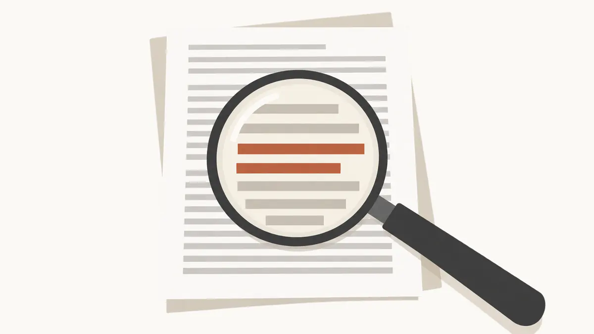 Illustration graphique d'une loupe posée sur un paragraphe de clause imprimée en petits caractères, texte volontairement illisible, sans personne dans le cadre