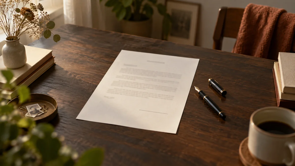 Document d'assurance imprimé posé sur un bureau en bois avec un stylo à plume décapuchonné à côté de la ligne de signature, aucune personne dans le cadre
