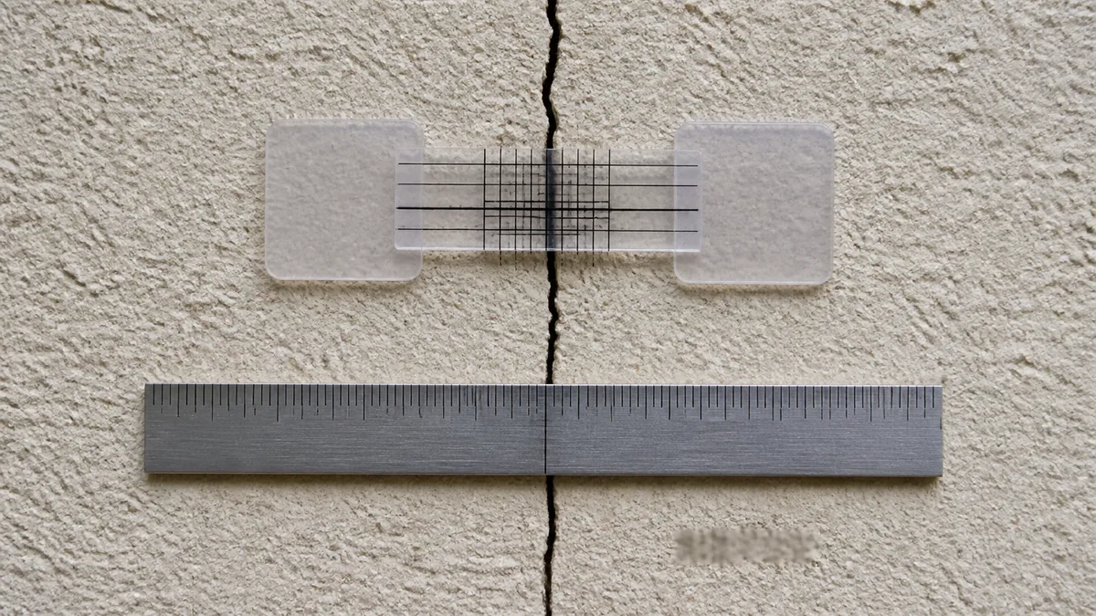 Gros plan sur une fissure de façade avec un réglet gradué posé perpendiculairement au tracé et un fissuromètre collé de part et d'autre, repère de date inscrit au crayon sur l'enduit, aucune personne dans le cadre