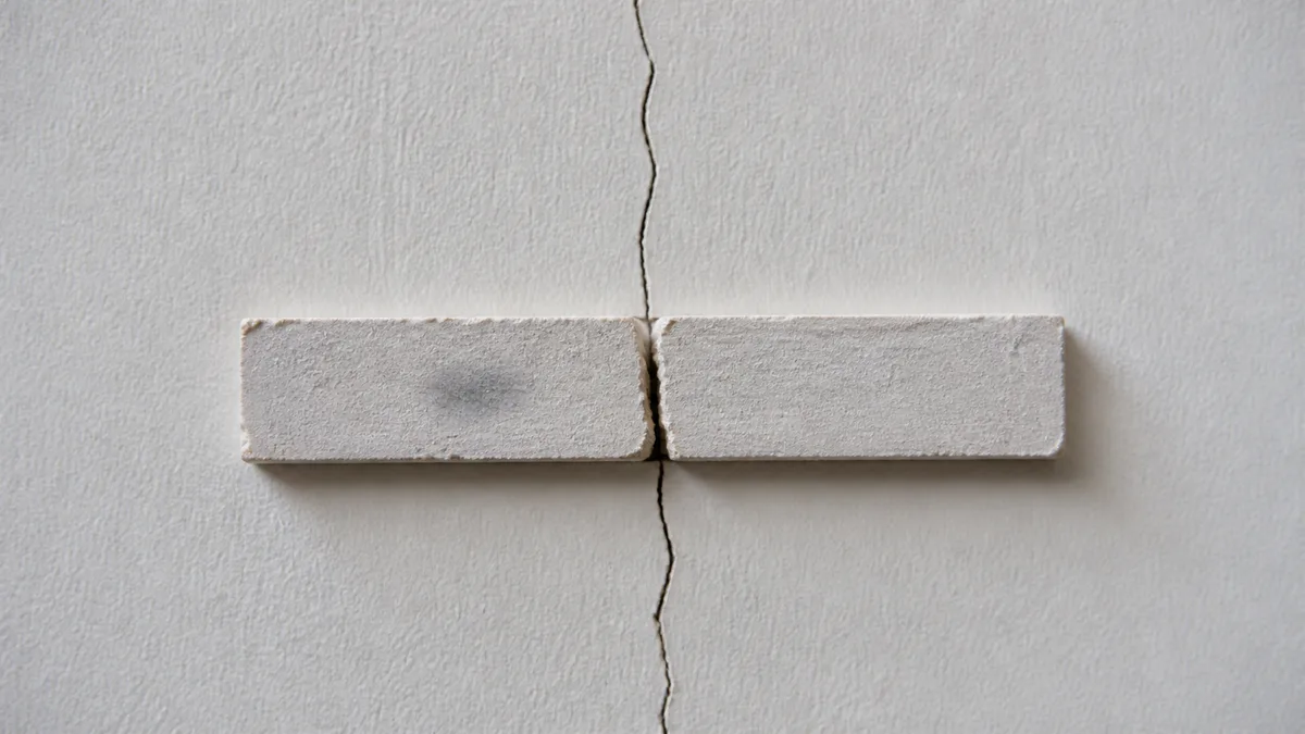 Témoin en plâtre posé en travers d'une fissure de mur intérieur et rompu net en son milieu, date inscrite au crayon sur le plâtre, aucune personne dans le cadre